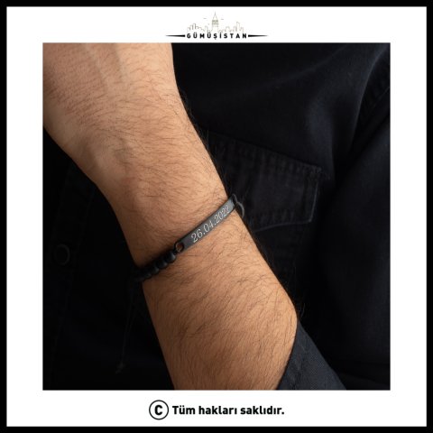 Kişiye Özel İsim ve Tarih Yazılı Oniks Taşlı Çift Bilekliği