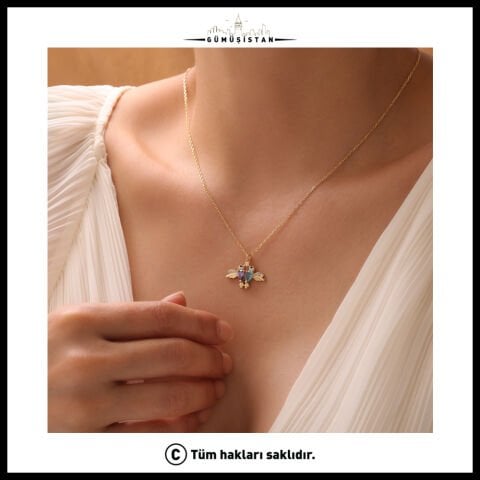 14 Ayar Altın Kaplama Kişiye Özel Doğum Taşlı Çift Arı Kuşu Figürlü Bujiteri Kolye