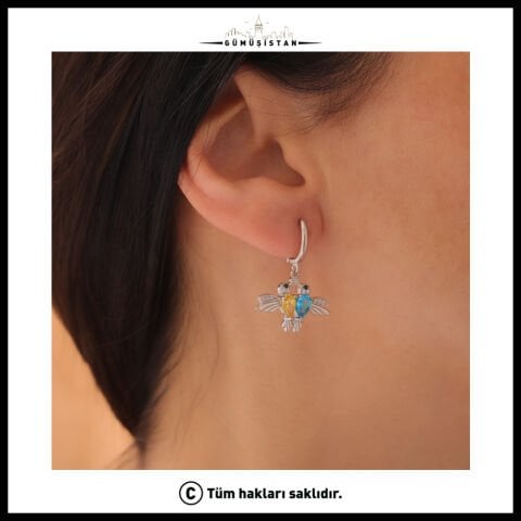 14 Ayar Altın Kaplama Kişiye Özel Çift Doğum Taşlı Bujiteri Arı Kuşu Küpe