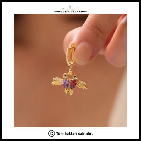 14 Ayar Altın Kaplama Kişiye Özel Çift Doğum Taşlı Bujiteri Arı Kuşu Küpe
