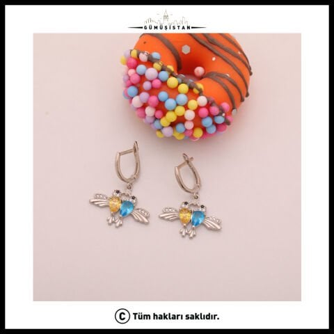 14 Ayar Altın Kaplama Kişiye Özel Çift Doğum Taşlı Bujiteri Arı Kuşu Küpe