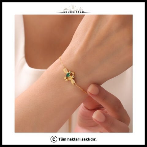 14 Ayar Altın Kaplama Kişiye Özel Çift Kalp Doğum Taşlı Arı Kuşu Bujiteri Bileklik
