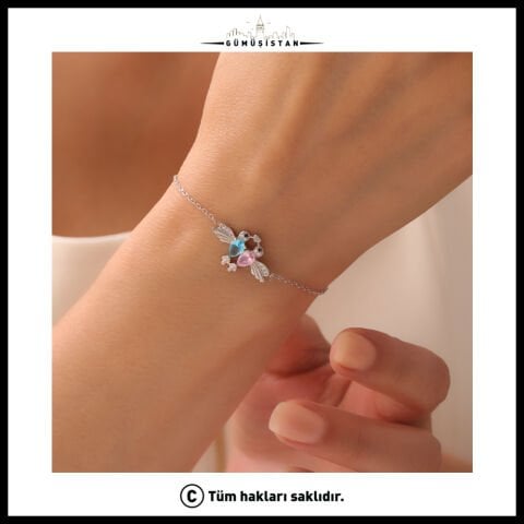 14 Ayar Altın Kaplama Kişiye Özel Çift Kalp Doğum Taşlı Arı Kuşu Bujiteri Bileklik