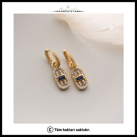 925 Ayar Gümüş Siyah Taşlı Gold Sallantılı Küpe
