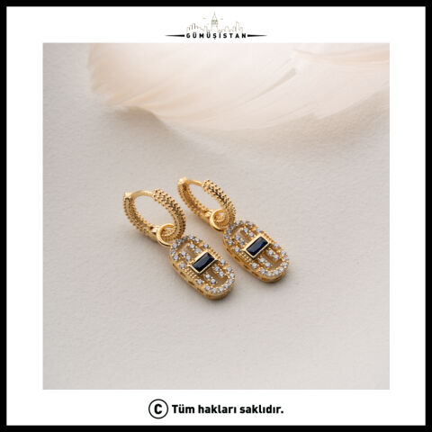 925 Ayar Gümüş Siyah Taşlı Gold Sallantılı Küpe