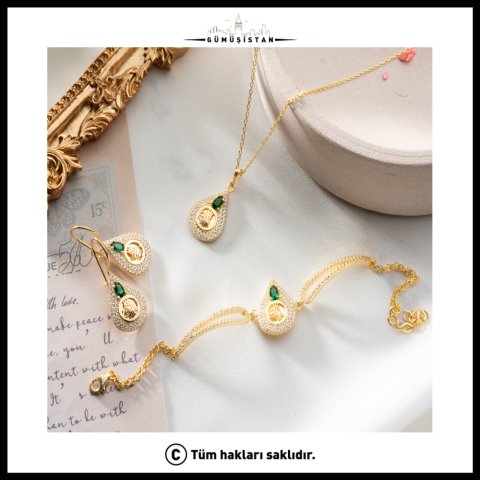 925 Ayar Gümüş Tuğralı Kolye-Küpe-Bileklik Seti
