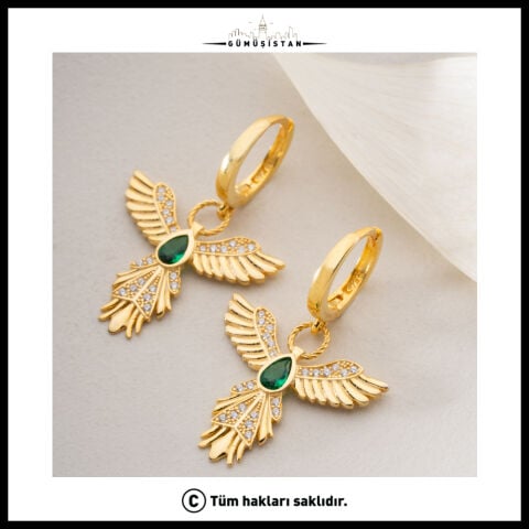 925 Ayar Gümüş Yeşil Taşlı Melek Kanadı Sallantılı Küpe