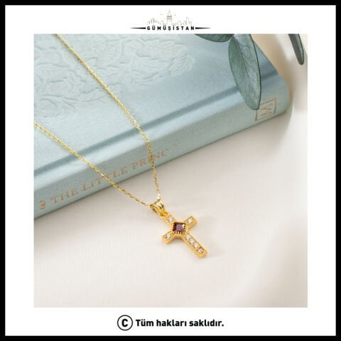 14 Ayar Altın Kaplama Doğum Taş Detaylı Haç Figürlü Bujiteri Kolye