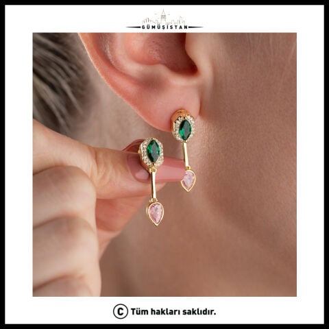 925 Ayar Gümüş Yeşil Zümrüt ve Pembe Taşlı Uzun Sallantılı Küpe