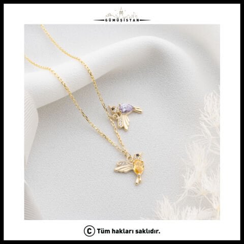 14 Ayar Altın Kaplama Kişiye Özel Doğum Taşlı Kuş Kolye Bujiteri
