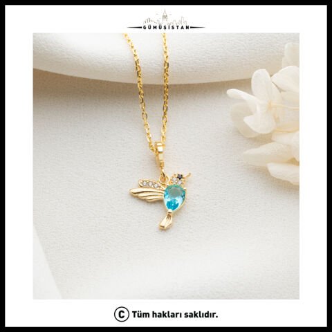 14 Ayar Altın Kaplama Kişiye Özel Doğum Taşlı Tekli Kuş Kolye Bujiteri