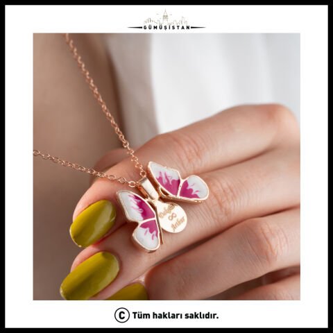 Kişiye Özel Pembe Kelebek Açılır Kapanır Kolye -  Bujiteri