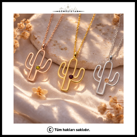 Kişiye Özel Doğum Taşlı Kaktüs Kolye - Bujiteri