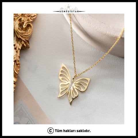 Zirkon Taşlı Kelebek Kolye – Gold Zarif Kelebek Kadın Kolyesi