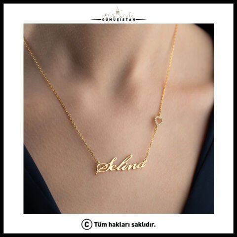 Kişiye Özel İsimli Zirkon Taşlı Kalp 925 Ayar Gümüş Kolye