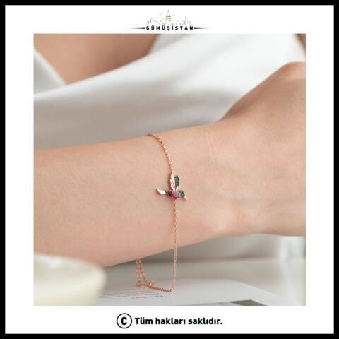 925 Ayar Gümüş Renkli Taşlı Zarif Kuş Figürlü Bileklik