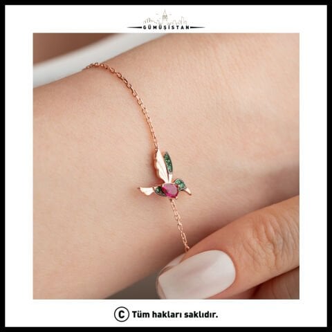 925 Ayar Gümüş Renkli Taşlı Zarif Kuş Figürlü Bileklik