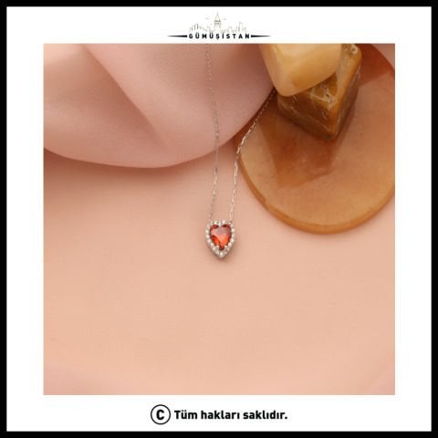 925 Ayar Gümüş Kırmızı Kalp Kolye
