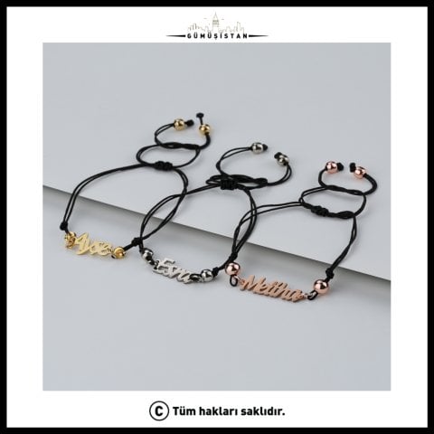 925 Ayar Gümüş Kişiye Özel Siyah Makrome İsimli Trend Bileklik