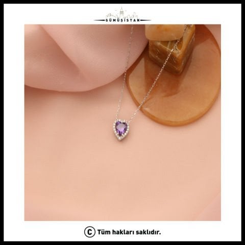 925 Ayar Gümüş Mor Kalp Kolye