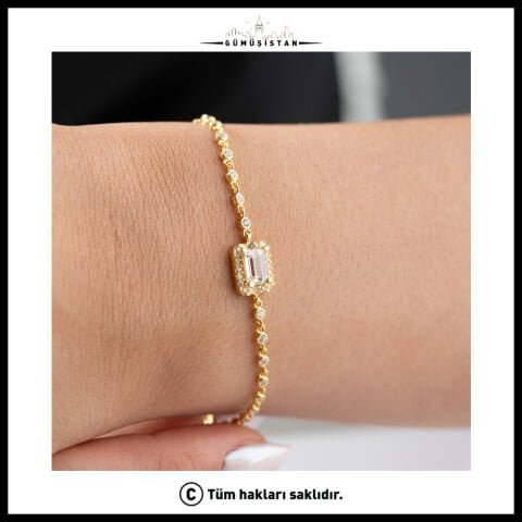 925 Ayar Gümüş Altın Kaplama Baget Kesim Taşlı Zarif Bileklik