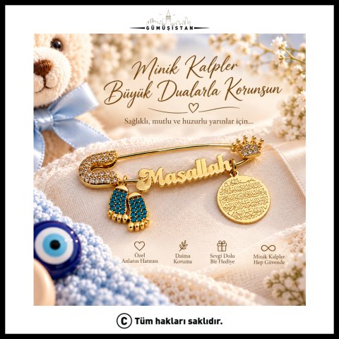 Kişiye Özel Erkek Bebek Ayetel Kürsi Nazar İğnesi – Mavi Zirkon Taşlı Altın Kaplama