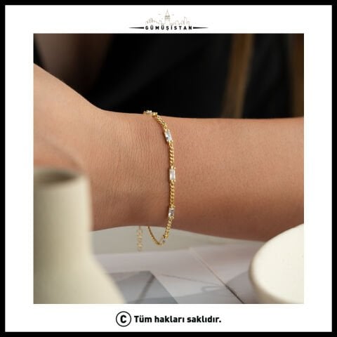 925 Ayar Gümüş Baget Taşlı Zincir Bileklik