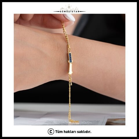 925 Ayar Gümüş Mavi Baget Taşlı Modern Bileklik