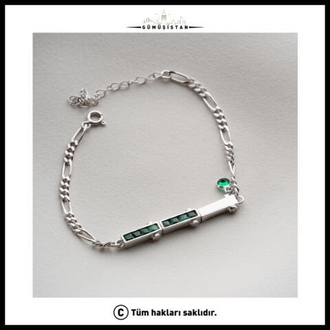 925 Ayar Gümüş Yeşil Baget Taşlı Modern Bileklik