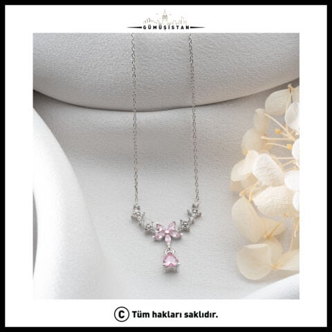 925 Ayar Gümüş Pembe Taşlı Lotus Çiçek Kolye – Zarif ve Otantik Kadın Kolyesi