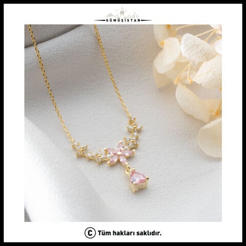 925 Ayar Gümüş Pembe Taşlı Lotus Çiçek Kolye – Zarif ve Otantik Kadın Kolyesi