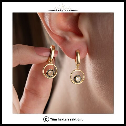 925 Ayar Gümüş Siyah & Beyaz Zirkon Taşlı Yuvarlak Sallantılı Küpe – Gold