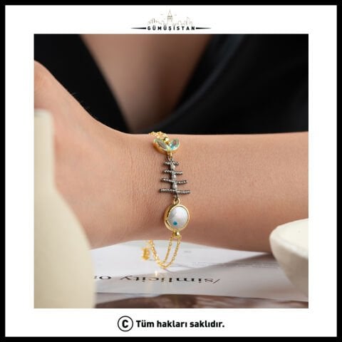 925 Ayar Gümüş Renkli Taşlı Balık İskeleti Bileklik