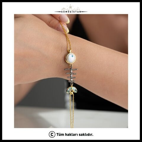 925 Ayar Gümüş Renkli Taşlı Balık İskeleti Bileklik