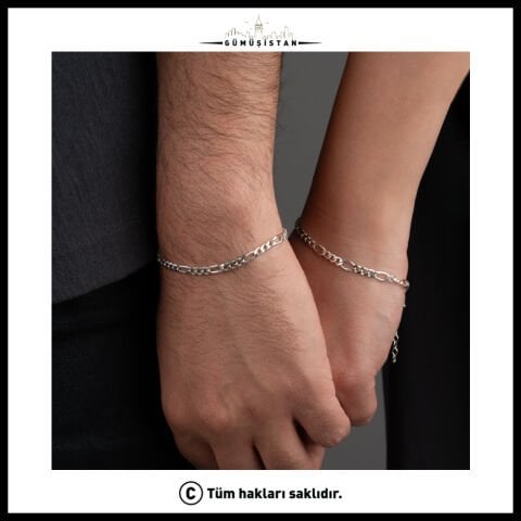 Kişiye Özel Harfli Figaro Çift Bilekliği – Kadın Erkek Gümüş Renk Sevgili Bileklik Seti