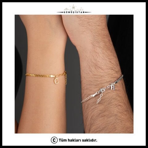 925 Ayar Gümüş Taşlı Harf Detaylı Çift Bileklik