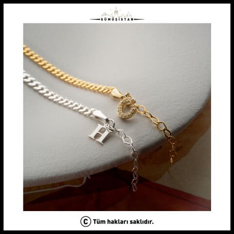 925 Ayar Gümüş Taşlı Harf Detaylı Çift Bileklik