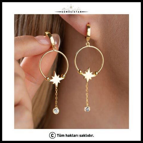 925 Ayar Gümüş Yıldız Detaylı Halka Küpe | Sallantılı Taşlı Gold
