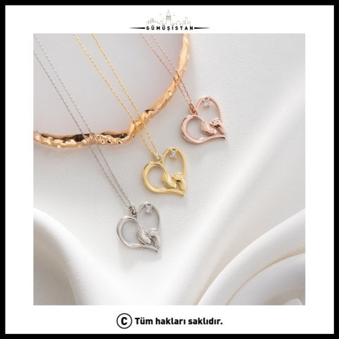 Anne Bebek Ayak İzi Kalp Kolye – Zirkon Taşlı Rose Gold Anne Çocuk Kolyesi