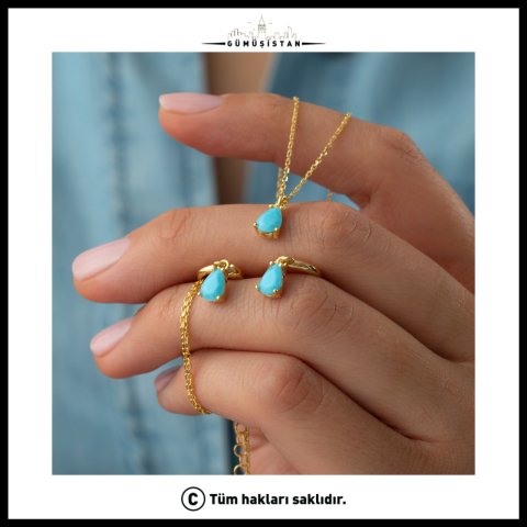 925 Ayar Gümüş Firuze Taşlı Kolye Küpe Seti