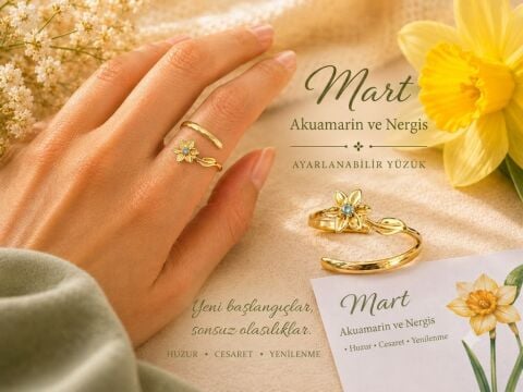925 Ayar Gümüş Mart Ayı Akuamarin & Nergis Doğum Çiçeği Yüzüğü