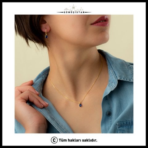 925 Ayar Gümüş Lacivert Taşlı Kolye-Küpe Takı Seti