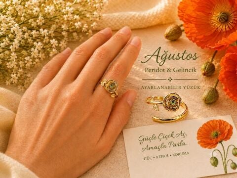 925 Ayar Gümüş Ağustos Ayı Peridot & Gelincik Doğum Çiçeği Yüzüğü