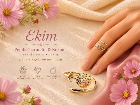 925 Ayar Gümüş Ekim Ayı Pembe Turmalin & Kozmos Doğum Çiçeği Yüzüğü