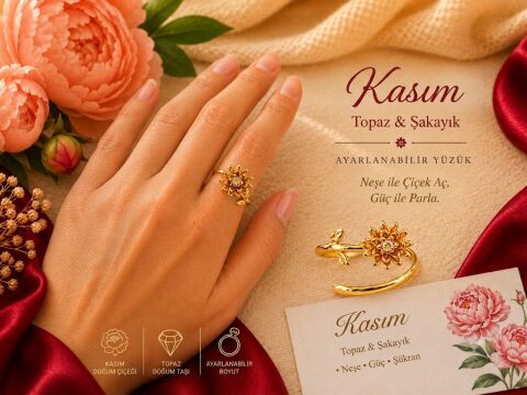 925 Ayar Gümüş Kasım Ayı Topaz & Şakayık Doğum Çiçeği Yüzüğü