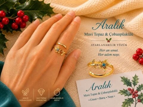 925 Ayar Gümüş Aralık Ayı Mabi Topaz & Çobanpüskülü Doğum Çiçeği Yüzüğü