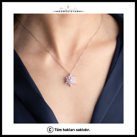 925 Ayar Gümüş Pembe Taşlı Katlı Lotus Çiçek Kolye – Zarif Katlı Lotus  Çiçek Figürlü Kadın Kolyesi