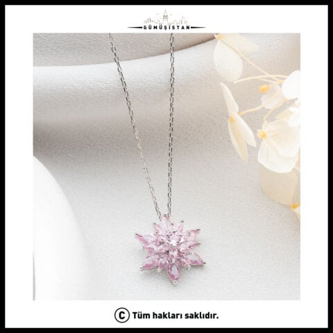 925 Ayar Gümüş Pembe Taşlı Katlı Lotus Çiçek Kolye – Zarif Katlı Lotus  Çiçek Figürlü Kadın Kolyesi