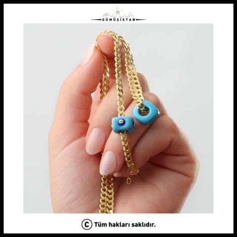 925 Ayar Gümüş Mavi Boncuklu Gurmet Zincir Kolye-Bileklik Set