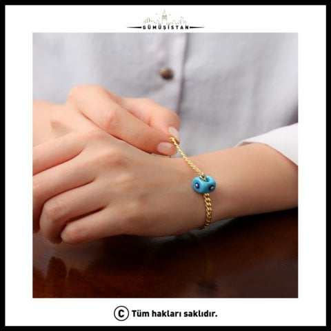 925 Ayar Gümüş Mavi Boncuklu Gurmet Zincir Kolye-Bileklik Set